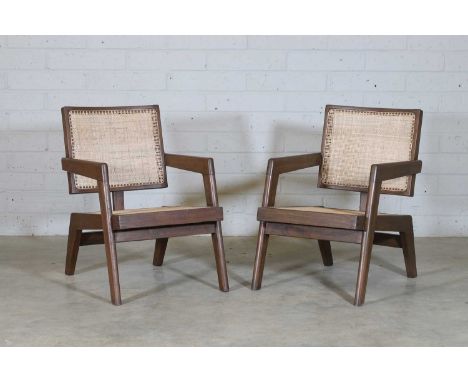 Pierre Jeanneret (Swiss, 1896-1967), a pair of 'Lounge' chairs, c.1960, designed for Chandigarh, each with sloped supports an