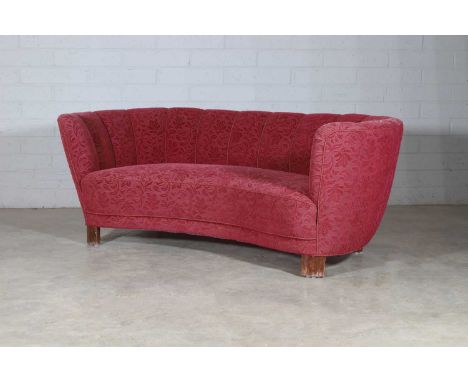 A plum moquette banana sofa, mid-20th century, Danish, raised on short curved supports,86cm wide87cm deep69cm high, seat 39cm
