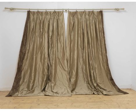 A pair of coffee-coloured silk curtains, of recent manufacture, lined and interlined,top 120cm widebottom 230cm wide290cm dro