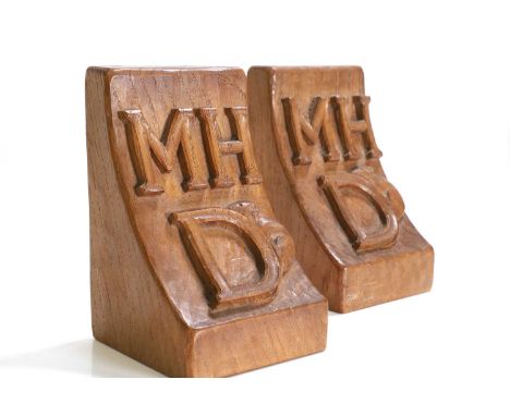 ▲ Robert 'Mouseman' Thompson (1876-1955), a pair of carved oak bookends, each carved with initials 'MHD' and with signature m