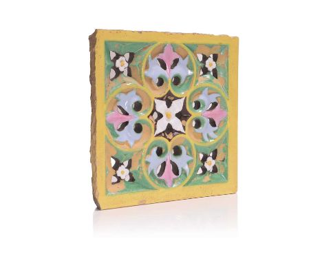 AWN Pugin (1812-1852), a polychrome majolica pottery tile, c.1851, manufactured by Minton, designed for the iron-framed stove