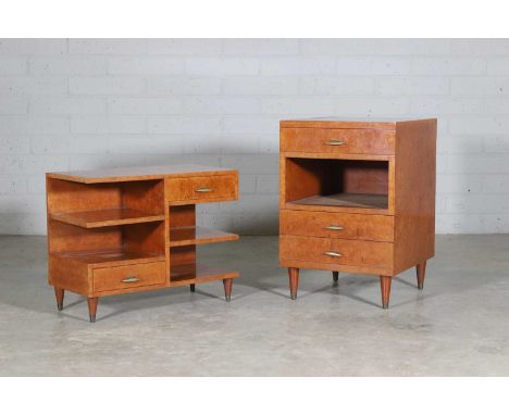 A burr walnut bookcase, mid-20th century, Italian, with an arrangement of open shelves and two drawers,70cm wide34cm deep56cm