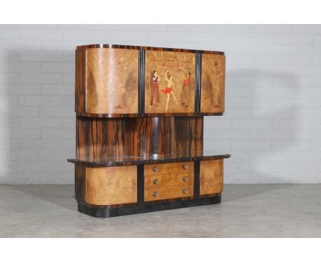 A Mobili Barraja Art Deco-style Macassar ebony and bird's-eye maple cabinet, mid-20th century, the top with two curved cupboa