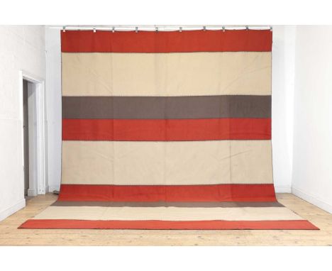 Two pairs of red, cream and white horizontal striped curtains, of recent manufacture, lined and interlined,top 100cm widebott