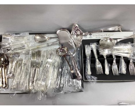 Assorted Kings Pattern Plated Cutlery, including boxed set of fish forks, punch ladle, crumb scoop, assorted forks, knives, e