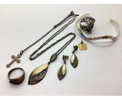 A Collection of "925" Jewellery, to include a necklace, ring and earring set, of swirling openwork design, wavy style cuff ba