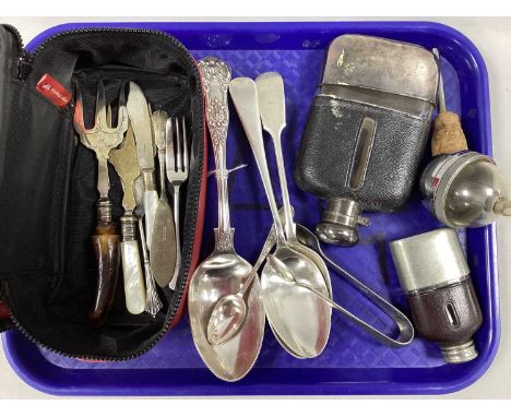 Vintage Hip Flask, with removable base cup; together with a smaller example, 'The Dalex Measure', plated cutlery, bread forks