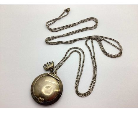 A Hallmarked Silver Vintage Compact Fob, (dented) suspending elephant charm, on a flat curb link muff chain.