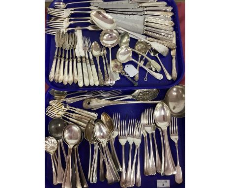 Assorted Plated Cutlery, including mother of pearl handled knives and forks, vintage European fish forks, etc :- Two Trays