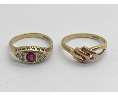 A 9ct Gold Antique Style Ring, of stone set boat design, (finger size M), together with another 9ct gold two-tone ring, of kn