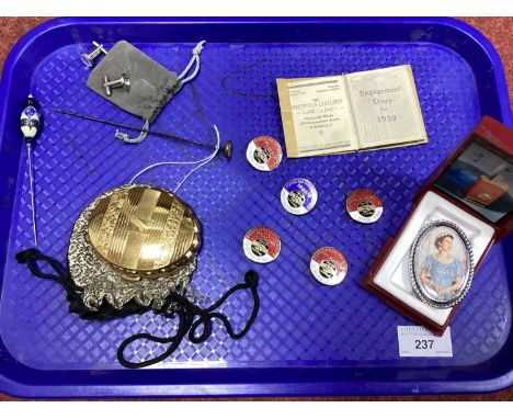 1980's Forgemasters (Sheffield) Dispute Enamel Badges, vintage brooch of Queen Elizabeth II, Kigu musical powder compact, hat