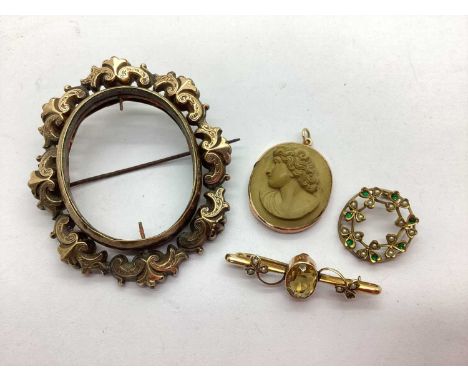A Large Victorian Swivel Brooch, (lacking centre); a lava cameo pendant 'Apollo'; a vintage circlet brooch (damaged / incompl