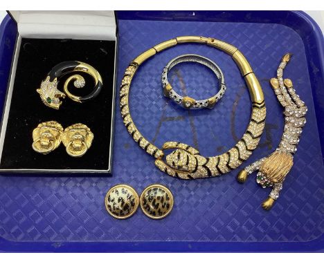 Sardi; A Tiger Style Choker Necklace, gilt coloured with inset and enamel highlights, an articulated lion brooch, allover ins