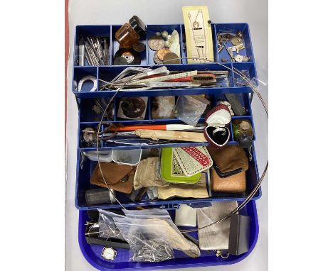 Jewellers Worksop Tool Box, including part of a hallmarked silver cigarette case, cufflink mounts, scrap metal etc.