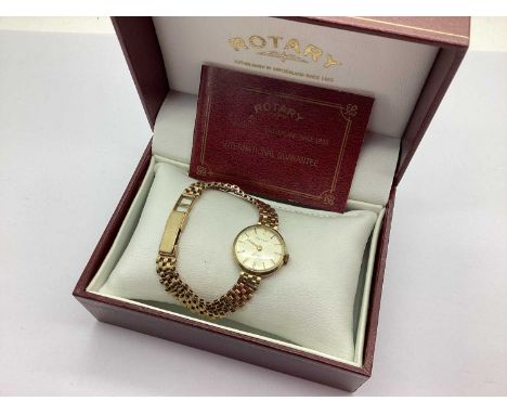 Rotary; A 9ct Gold Cased Ladies Wristwatch, the signed dial with line markers, within plain case, to integral brock link brac