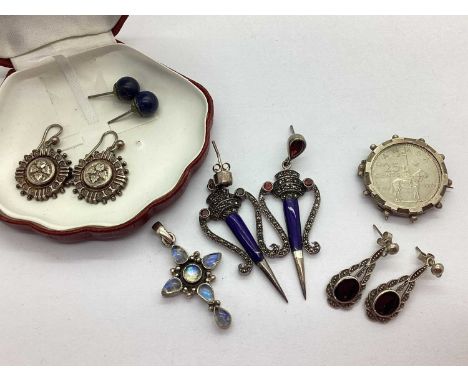 A Pair of Victorian Style Circular Earrings, a pair of stylish marcasite set drop earrings of abstract design, vintage coin b