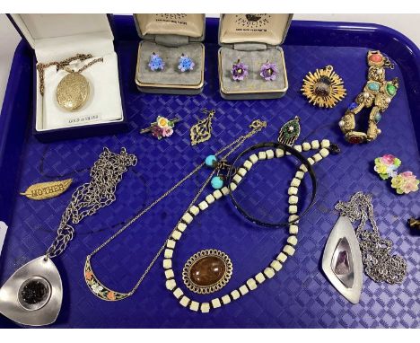 A Collection of Jewellery, to include Michaela Frey enamel bangle, Modernist studio style necklace, gilt tone locket necklace