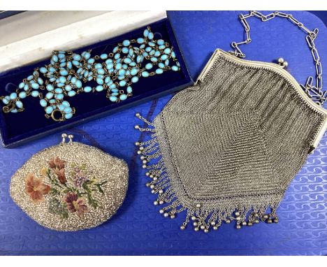 A Vintage Metal Chainmail Purse, with beaded fringing; together with a floral embroidered beaded coin purse, two spectacle se
