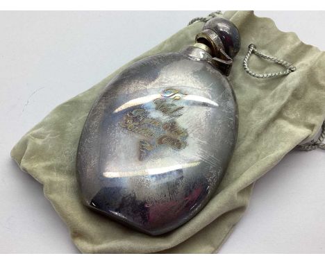 A Modern Hallmarked Silver Hip Flask, WW, Sheffield 1988, of plain oval form, inscribed "To Val From Eric Xmas 1988", with hi