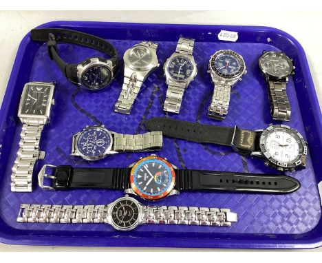 A Collection of Gent's Wristwatches, to include Casio Wave Ceptor, Shark Sport Watch, Fossil Q etc :- One Tray