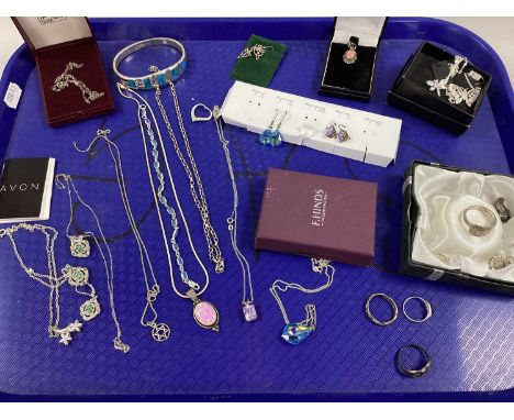 A Collection of Modern "925" Jewellery, to include stone set pendant necklace, inlaid hinged bangle, St. Christopher pendant,