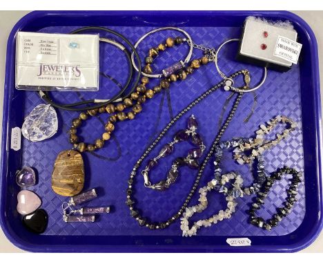 An Assortment of Hardstone Jewellery, to include a statement beaded necklace, amethyst bracelet, pendant and earring set, bra