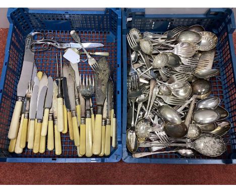 A Mixed Lot of Assorted Plated Cutlery, including a hallmarked silver Fiddle Pattern fork, plated serving spoons, knives, for