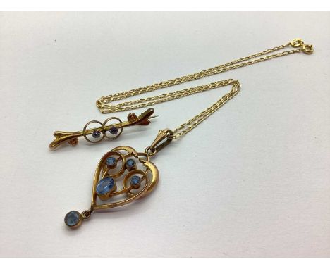 An Edwardian Openwork Pendant, circular and oval collet set, on a modern 9ct gold chain; together with a vintage bar brooch, 