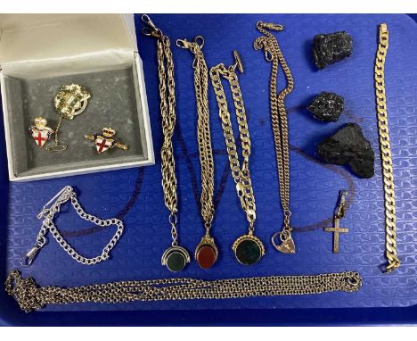 A Collection of Gilt Coloured Swivel Fob Pendants, curb link and other chains, bracelets, a guard/muff chain, three enamel pi