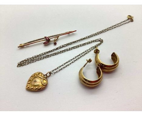 A Dainty 9ct Gold Vintage Bar Brooch, collet set (steel pin); together with a heart shape pendant, star set to the centre, on