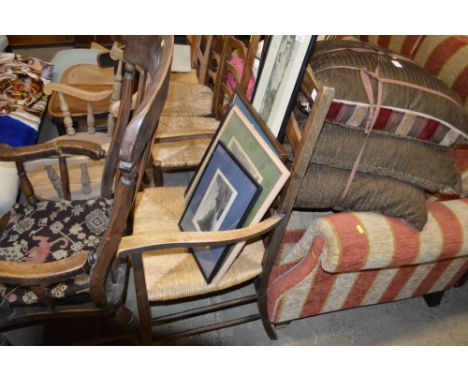 Three various rush seated ladder back chairs; and a string seated ladder back chair 