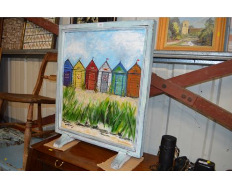 A hand painted wooden fire screen; together with an elm seated kitchen chair 