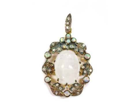 A silver moonstone, opal and diamond wreath pendant, an oval cabochon moonstone claw set to the centre, to openwork wreath su