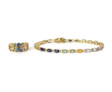 A 9ct gold varicoloured sapphire bracelet, with oval mixed cut sapphires, green sapphires, yellow sapphires and pink sappires