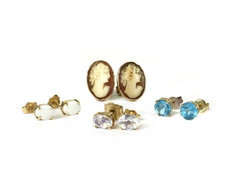 A quantity of gold gem-set earrings, to include a pair of single stone oval faceted moonstone earrings, a pair of circular mi