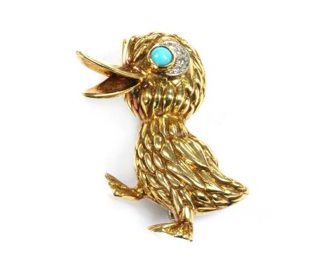An 18ct gold turquoise and diamond duck brooch, c.1970, by Ben Roosevelt, a round cabochon turquoise set eye, with a crescent