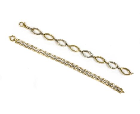 A 9ct two colour gold bracelet, with white gold faceted beads to the centre and outer yellow gold panther links, to bolt ring