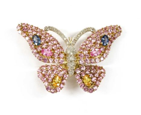 A 9ct gold diamond and varicoloured sapphire butterfly brooch/pendant, the body and antennae micro claw set with eight cut di