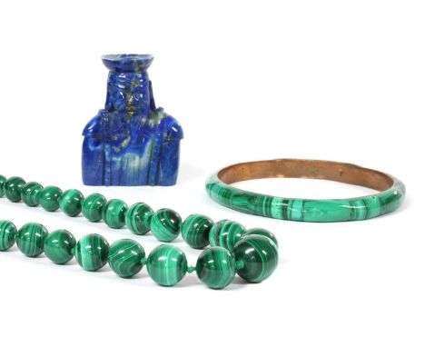 A single row graduated malachite bead necklace, with metal bolt ring, 750mm long, 103.57g, together with a metal and reconsti