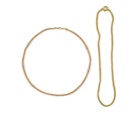 A 9ct gold mesh link necklace, with bolt ring clasp, Sheffield, 470mm long, together with a 9ct rose gold mesh link necklace 