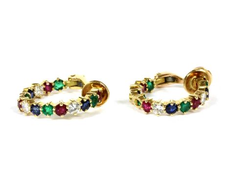 A pair of gold ruby, emerald, sapphire and diamond hoop earrings, alternating circular mixed cut rubies, emeralds and sapphir