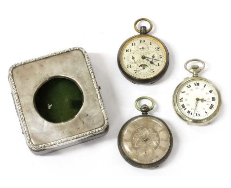 A gun metal top wind open-faced pocket watch, 51mm diameter, with a silvered dial with black Arabic numerals, blued spade han