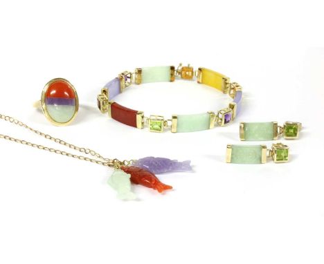 A 14ct gold multicoloured jade and assorted gemstone bracelet, panels of green, lavender, red and yellow jade, with square st