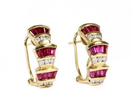 A pair of 9ct gold ruby and diamond half hoop earrings, alternating rows of tapered baguette cut rubies, possibly synthetic, 