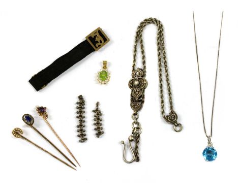 A quantity of jewellery, to include a metal Albertina chain, broken, centre chain missing, a silver blue topaz and diamond pe