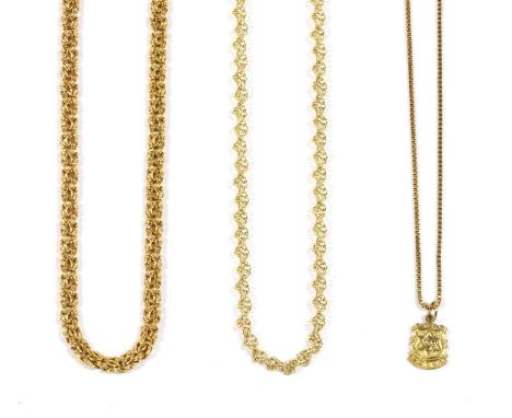 A 9ct gold hollow flattened Byzantine link necklace, with side lever clasp, Sheffield, 512mm long, together with a 9ct gold h