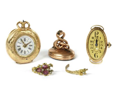 A quantity of gold jewellery, to include a gold pin set open-faced fob watch, with enamel decoration verso and metal cuvette,