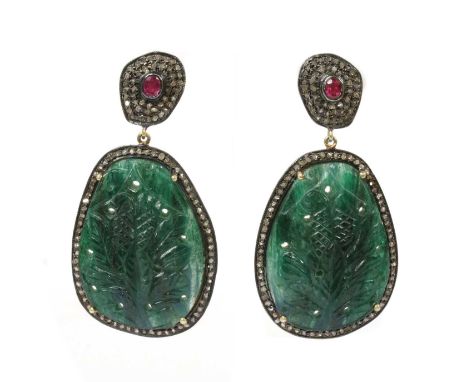 A pair of silver gilt diamond and assorted gemstone drop earrings, a carved dyed green quartzite quartz, claw set, to surroun