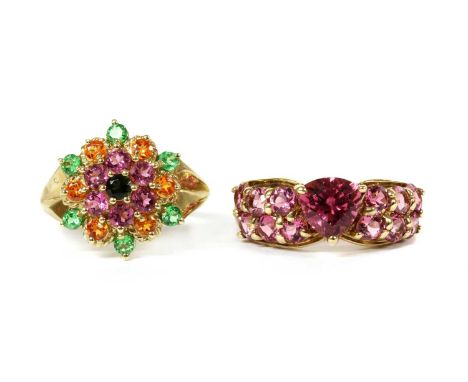 A 9ct gold pink tourmaline ring, Birmingham 2000, together with a 9ct gold assorted gemstone cluster ring, Birmingham 2000, h