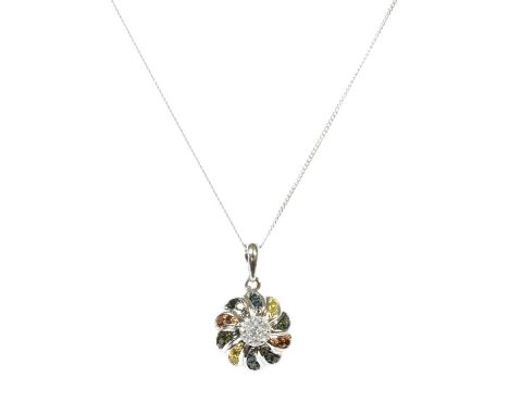 A white gold diamond and fancy coloured diamond pendant, a brilliant cut diamond daisy cluster to the centre, to lobed collet